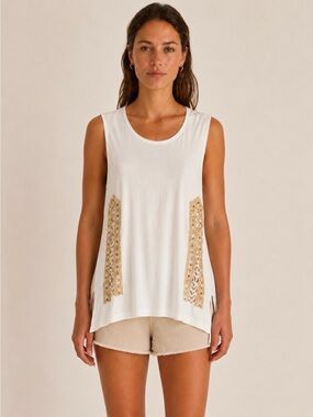 Zara Trafaluc Beaded Embroidered Sleeveless Tunic Tank Top Ivory M